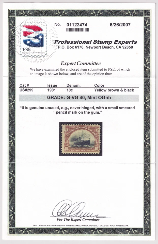 US Scott # 299, 10c "Fast Ocean Navigation" Stamp MOGNH PSE Certified. CV $300 - Image 1 of 3