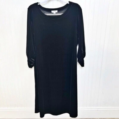 Vestido Susan Graver Negro Terciopelo Columpio Mangas 3/4 Acanaladas Para Mujer’s Talla Grande Foto 1 de 4