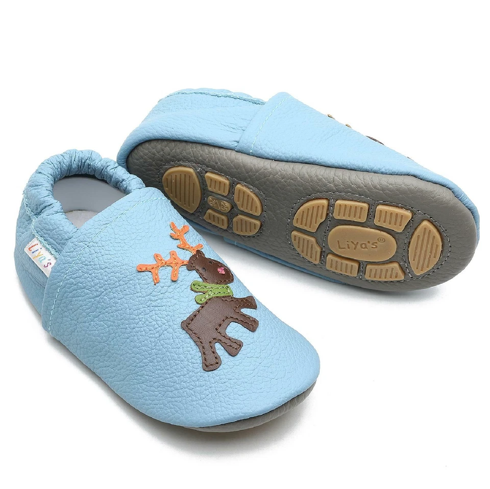 Liya's Krabbelschuhe Hausschuhe Lederpuschen Babyschuhe - #672 Elch in babyblau