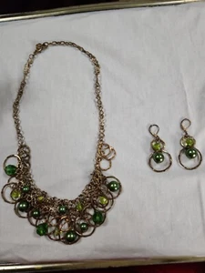 Dark And Lime Green Stone Bead Necklace & Pierced Earring Set.  Vintage - Picture 1 of 5