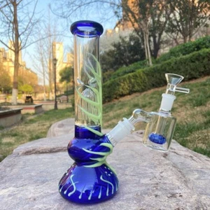10" Blue Glass Bong Water Pipe Smoking Glow In The Dark Hookah W/Ash Catcher - Foto 1 di 6