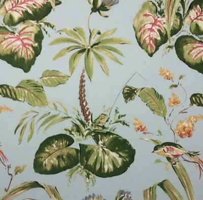 THIBAUT BAYOU AQUA BLUE D4137 FROG BIRD LILYPAD LINEN LUXURY FABRIC BY YARD 54"W - Image 1 of 4