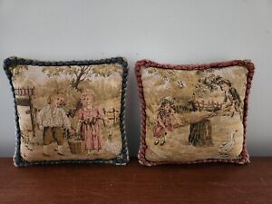 2 Vintage French Country Style Tapestry Pillows 8x8in Pastoral