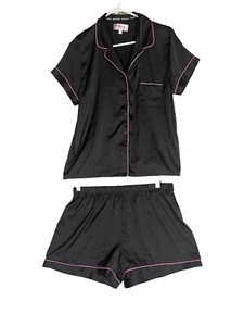 Juicy Couture Women's Large Black Satin Two Piece Pajamas Set PJs Pink Piping - Picture 1 of 12