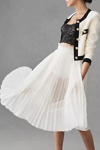 Anthropologie Let Me Be Sheer A-Line White Pleated Midi Skirt Size UK M BNWT