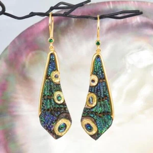 Dragonfly Wing Earrings Abalone Carving Gold Vermeil Sterling Emerald 5.79 g - Picture 1 of 12