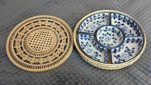 Asian Blue And White Serving Dishes In Round Wicker Basket - Picture 1 of 17