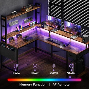 NEW Computer LED Gaming Desk & Power Outlets USB Storage Shelves Rustic Brown - Picture 1 of 9