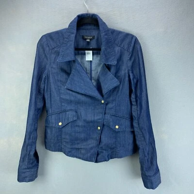 Ann Taylor Jacket Womens Extra Small Blue Chambray Linen Blend Snap Roll Tab - Image 1 of 4