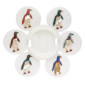 4" Premium Marble Drink Coaster Set Multi Stone Penguin Inlay Art Kitchen Decors - Picture 1 of 9