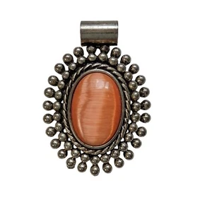 Vintage Boho Pendant With Coral Stone & Silver Color Beaded Border - Picture 1 of 4