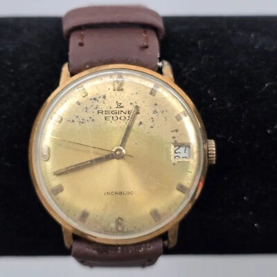 Raro Reloj Regines Edox Para Hombre Tono Dorado con Correa de Cuero Marrón Fecha 31mm Foto 1 de 4