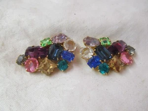 Vintage large multicolor Rhinestones clip on Earrings need repair - Picture 1 of 3