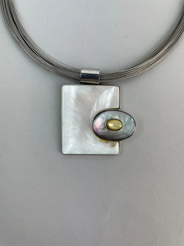 MODERNIST Sterling Silver MOP pendant necklace with stainless steel wires 17.5" - Image 1 of 4