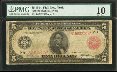 Sello rojo de Nueva York 1914 $5 FRN tipo B Fr#833b Burke/McAdoo graduación profesional en muy buena condición10 Foto 1 de 2