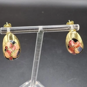 Vintage Cloisonne Floral Emaille goldfarben durchbohrt Huggie Creolen 1" - Bild 1 von 13