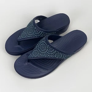 Crocs Size 11 Womens Monterey Diamante Wedge Flip Flop Sandals Dual Comfort Navy - Picture 1 of 22