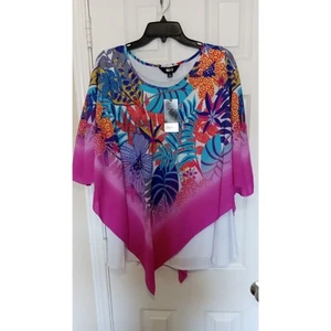 Plus Size Botanical Print Blouse Round Neck cold shoulder 3/4 sleeve Poncho Top - Picture 1 of 2