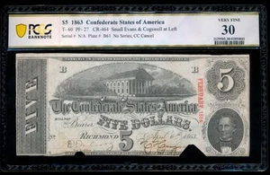 AC T-60 $5 1863 Confederate Currency CSA PCGS 30 cc cancel - Picture 1 of 2