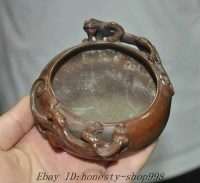 Cenicero de lavado de pluma estatua de bestia dragón bronce dinastía palacio chino marcado de 4,6"" Foto 1 de 4