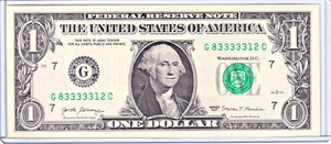 2017 $1 Federal Reserve Note UNC Fancy NEAR SOLID 5 DIGIT Serial #G83333312C - Picture 1 of 2