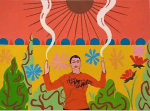 Alberto Vannetti Lithographie Signiert Figurative Kunst Guru Sonne Blumen Yoga uf - Bild 1 von 5