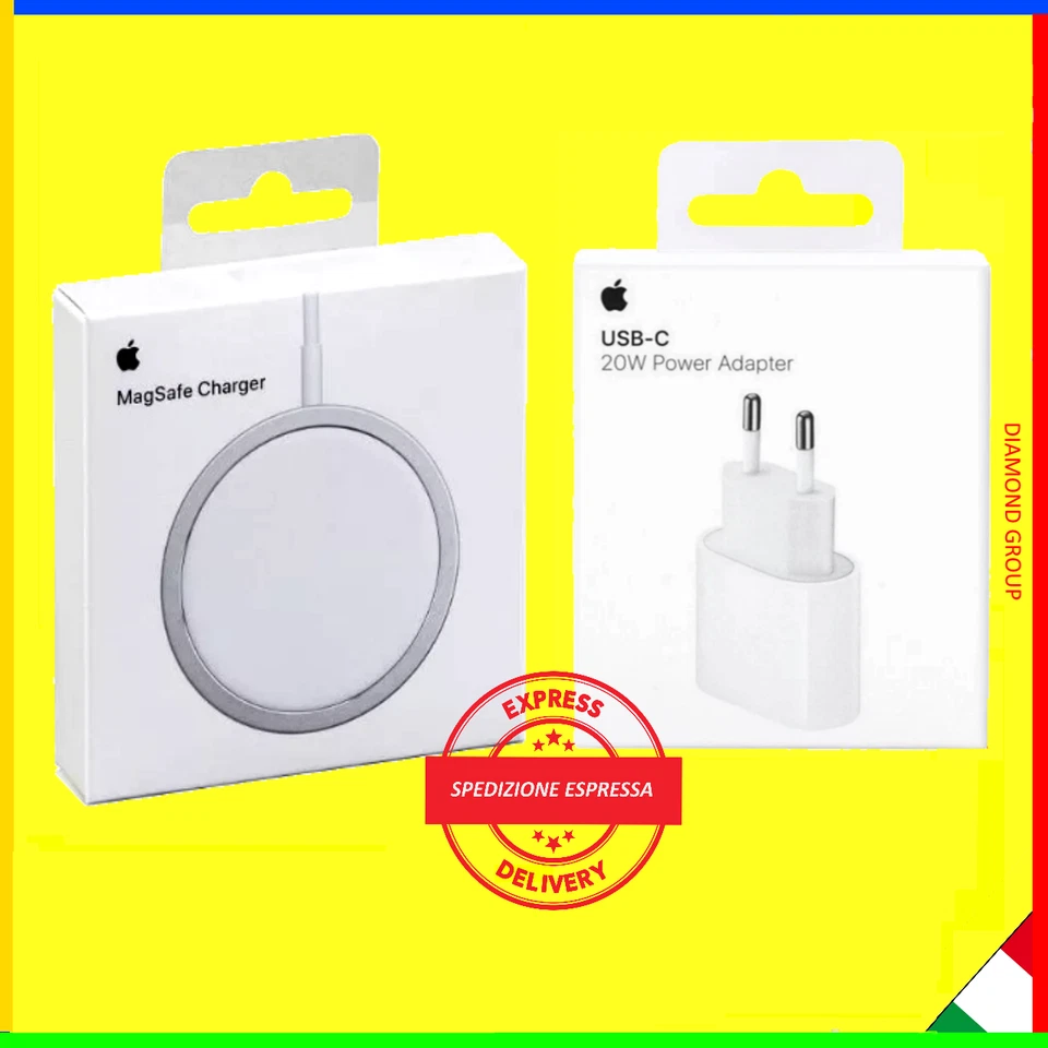 MAGSAFE CHARGER WIRELESS PER APPLE IPHONE + CARICABATTERIA ORIGINALE 20W OMAGGIO - Immagine 1 di 1