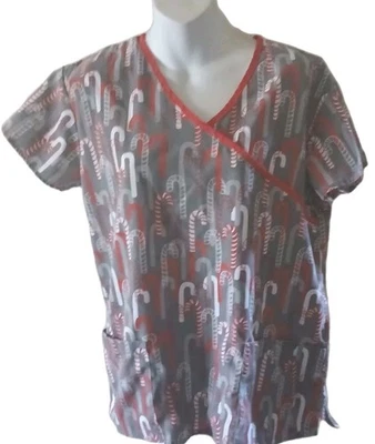 Blusa Médica I Love - Para Mujer Gris/Rojo/Blanco Patrón Bastón de Caramelo. Talla pequeña  Foto 1 de 4