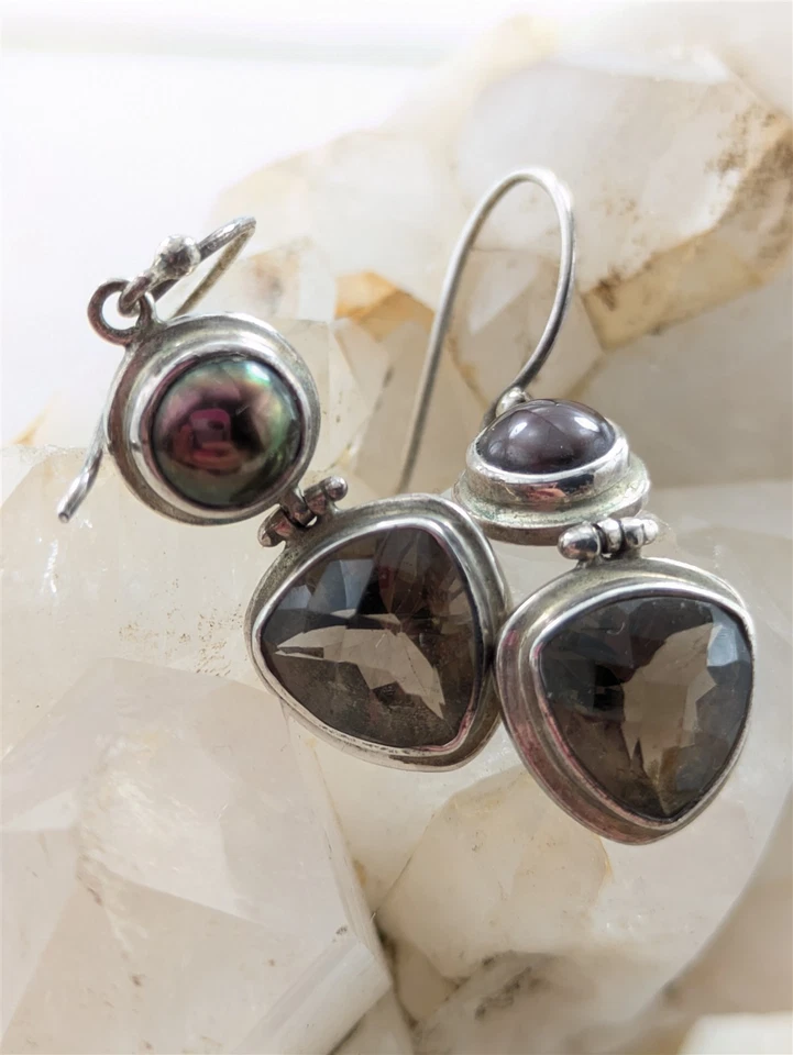 Vintage Solid Sterling Silver Bronze Pearl Smoky Quartz Earrings 4.7 Grams - Image 1 of 4