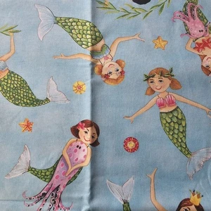 Elizabeth's Studio Mermaids Blue Cotton Fabric 33 X 45 - Picture 1 of 5