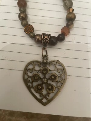 Collar de cuentas de cristal topacio jaspe colgante corazón filigrana bronce vintage Foto 1 de 4