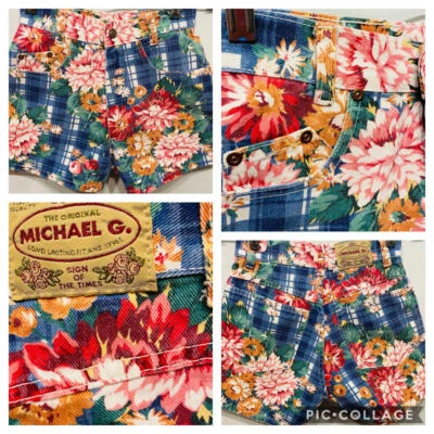 Vtg 80s MICHAEL Denim High Waisted Jean Shorts Navy White Plaid BIG FLOWERS XS S - Image 1 of 4