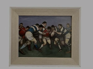 Cuadro enmarcado al óleo sobre tabla de hombres jugando al rugby - Imagen 1 de 4