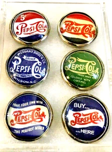 Juego de 6 botones de imagen de cúpula de vidrio hechos a mano PEPSI (6 diferentes) hechos en EE. UU. - Imagen 1 de 5