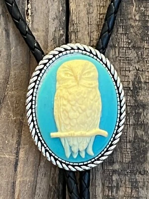 Hombres Mujeres BÚHO TURQUESA Camafeo Plata Colgante Lariat Negro Bolo Corbata Rockabilly Foto 1 de 4