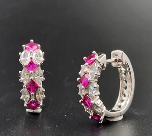 Genuine Ruby Halo Hoop Earrings in Solid Sterling Silver - Picture 1 of 6