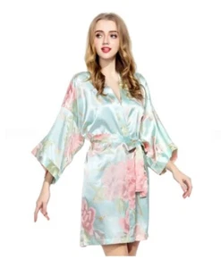 Satin Floral Powder Blue Japanese Kimono Pajamas Sleepwear Bathrobe XXL - Picture 1 of 3
