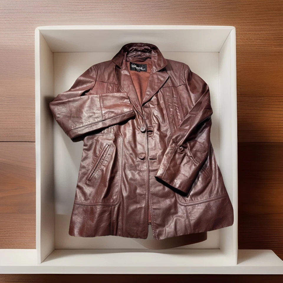 Chaqueta de Cuero Wilson 42 Borgoña Vino Granate Vintage Años 70 Abrigo Deportivo Estilo Mod Foto 1 de 4