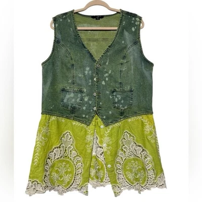 Vtg Retro Denim Jean Vest Lime Green Chartreuse Lace Size XL Hippie Gypsy Boho - Image 1 of 4
