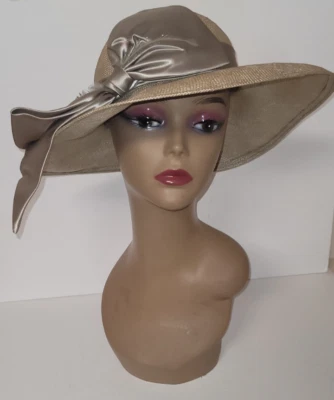 复古 Mr. Charles 草帽米色带棕色缎面蝴蝶结和羽毛优雅 — 第 1/4 张图片