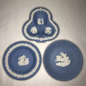 SET OF Three Vintage Wedgwood Blue Jasperware SMALL Plate Trinket Dish - Picture 1 of 7