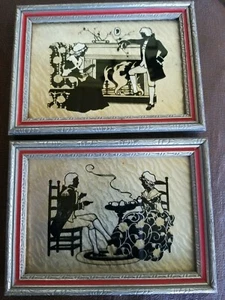 Vtg Glass Silhouette Pair * Fireside & Tea Time Depicted * Tastefully Framed - Picture 1 of 11