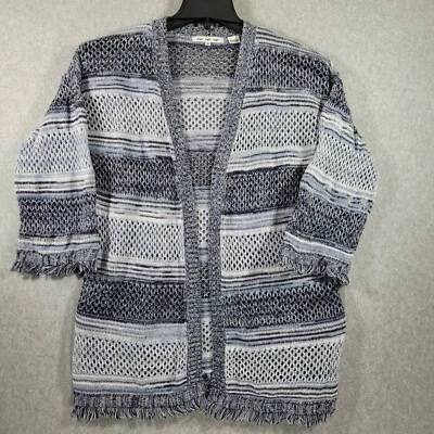 eight eight eight Womens Cardigan Open Front Blue Striped Fringe Medium  - Image 1 of 4