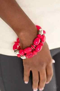 Paparazzi "Fruity Flavor" Shiny Pink & Silver Beaded Stretch Bracelet Set - Imagen 1 de 2