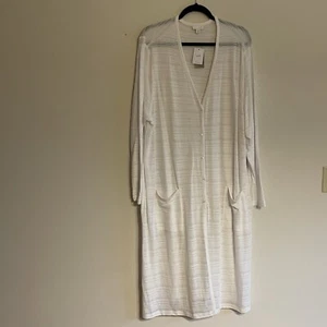 J.Jill Women 3X White Sheer Striped Knit V-Neck Button Front Duster Cardigan NWT - Picture 1 of 12