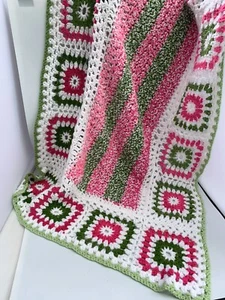 Handmade Crochet Afghan Blanket Throw Pink Green White 56" x 36" - Picture 1 of 4