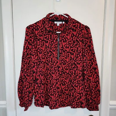 Chico's 1 Pullover 1/4 Cremallera Para Mujer Mediano Rojo Negro Patrón Floral Foto 1 de 4