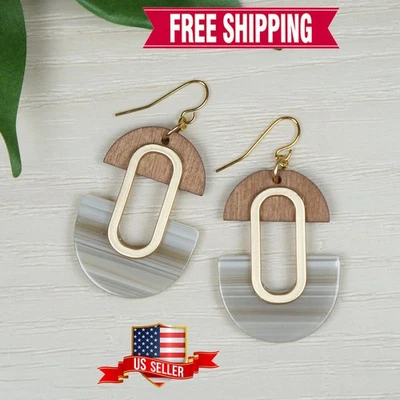 Pendientes Bohemios Neutros Beige Acrílico y Madera Marrón Boho, Alambres para Orejas Oro 18K Foto 1 de 4