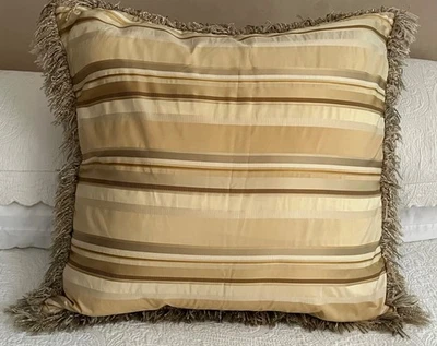 CUSTOM GOLD STRIPED SILK PILLOW COVER-SILK FRINGE TRIM-INVISIBLE ZIPPER - Image 1 of 4