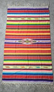 Vintage Mexican Wool Serape Blanket Rug 82"x48" Handwoven Southwest Diamond - Picture 1 of 5